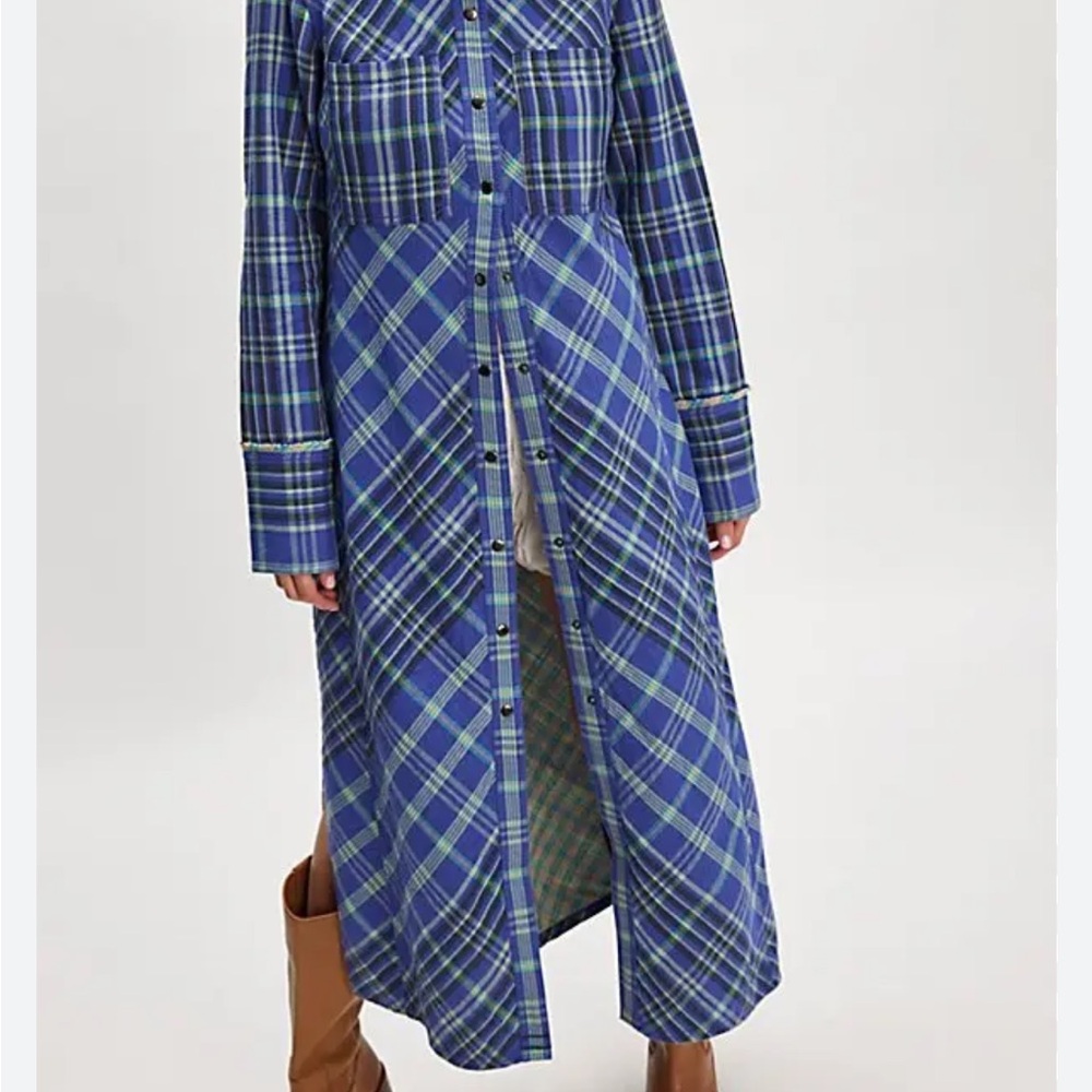 Free People NWOT Ruth Blue and Green Plaid Checkered Long Shirt Jacket Size 8